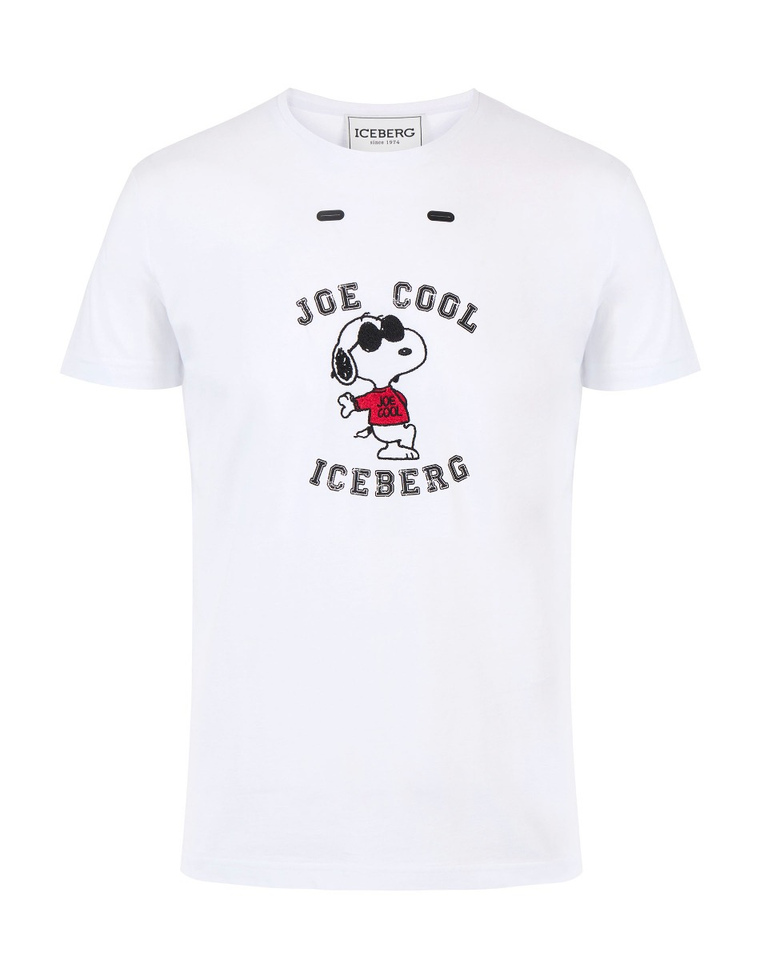 Men's white cotton T-shirt with "Snoopy Joe cool" print and headphone eyelets - T-shirts | Iceberg - Official Website