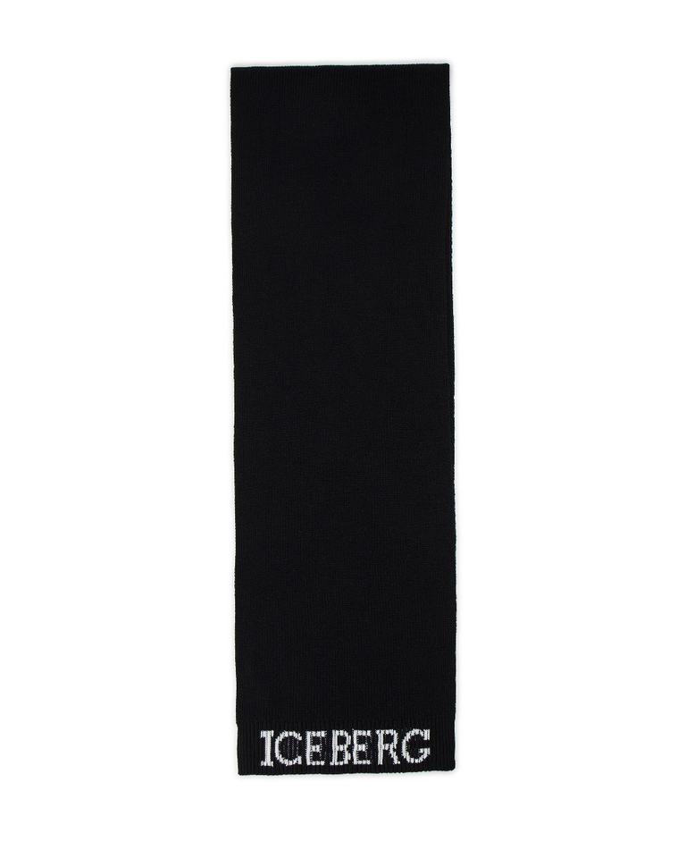 Sciarpa uomo nera in lana merinos con logo ricamato a intarsio a contrasto sui due lati - Accessori | Iceberg - Official Website