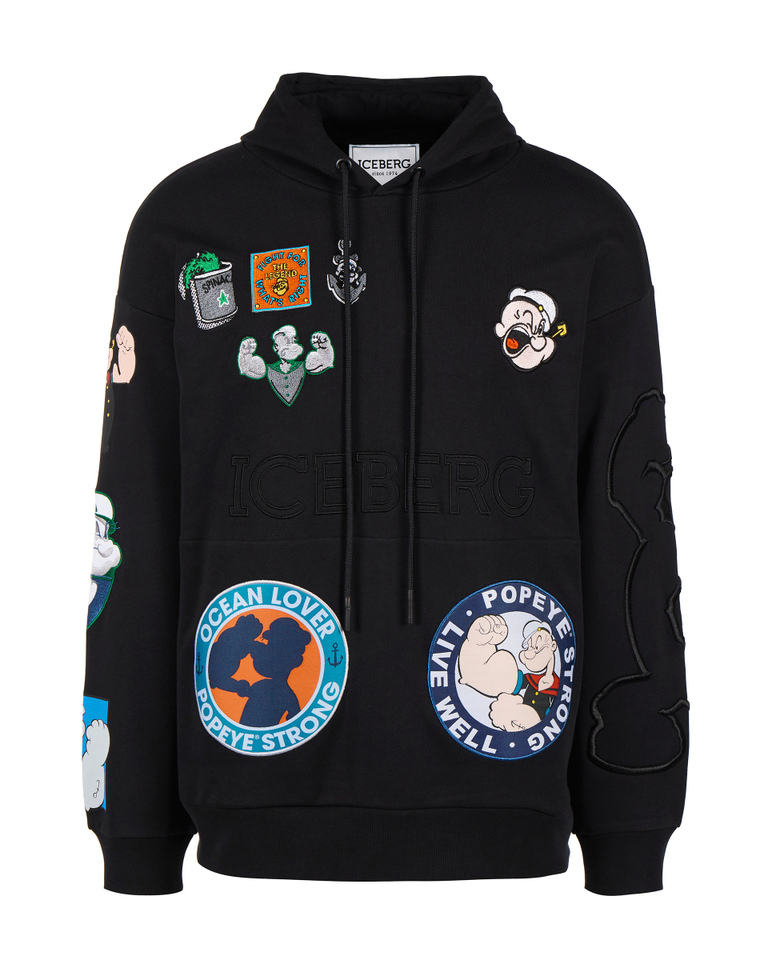 Patchwork Popeye black hooded sweatshirt - Sweatshirts | Iceberg - Official Website