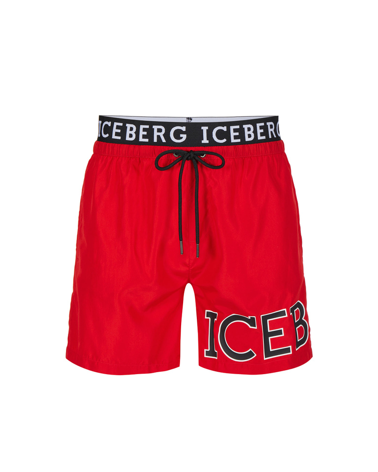 Red institutional logo waistband swimming boxer shorts - Beachwear | Iceberg - Official Website