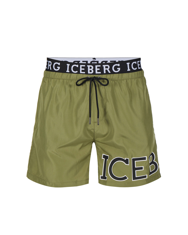 Green institutional logo waistband boxer swimming shorts - Beachwear | Iceberg - Official Website
