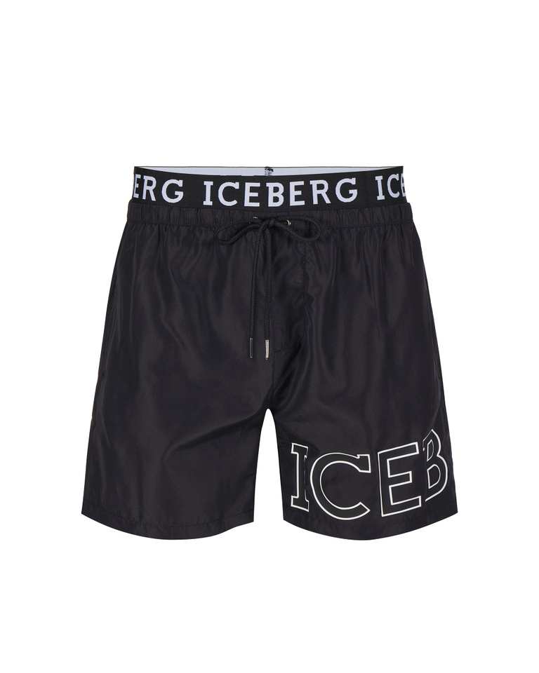 Black institutional logo waistband swimming boxer shorts - Beachwear | Iceberg - Official Website