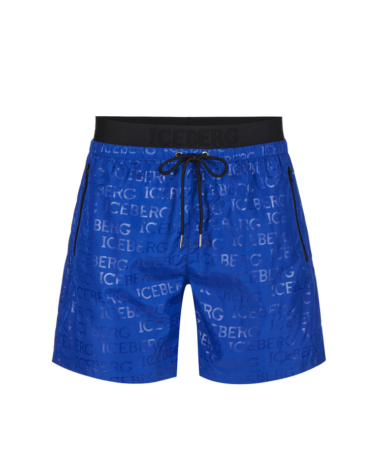 Blue all over Iceberg logo print boxer swimming shorts - Beachwear | Iceberg - Official Website