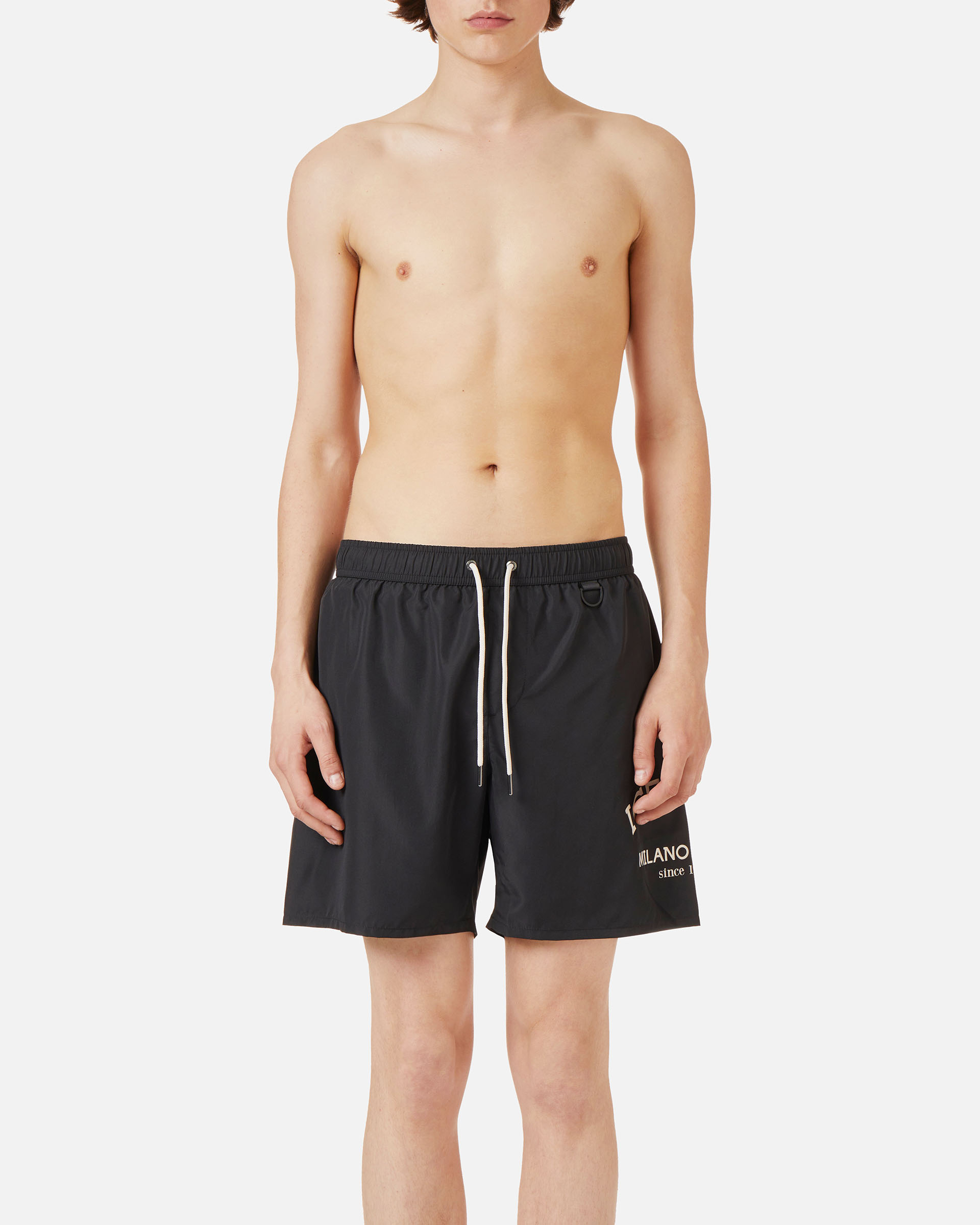 Black swim trunks with drawstring and contrasting Iceberg logo on the leg - Man | Iceberg - Official Website