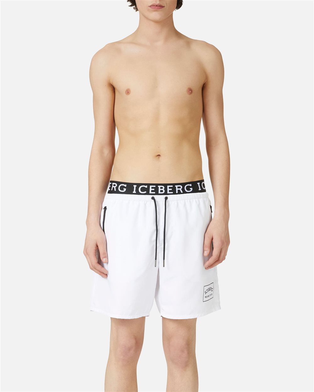 Optical white swim trunks with Iceberg logo waistband and contrasting color drawstring - Uomo | Iceberg - Official Website