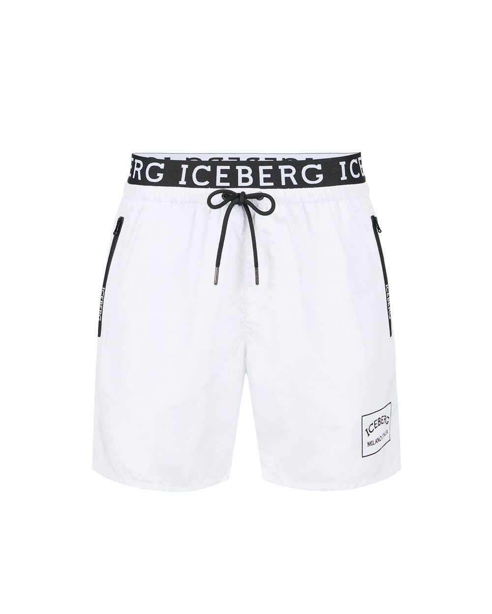 Optical white swim trunks with Iceberg logo waistband and contrasting color drawstring - Uomo | Iceberg - Official Website