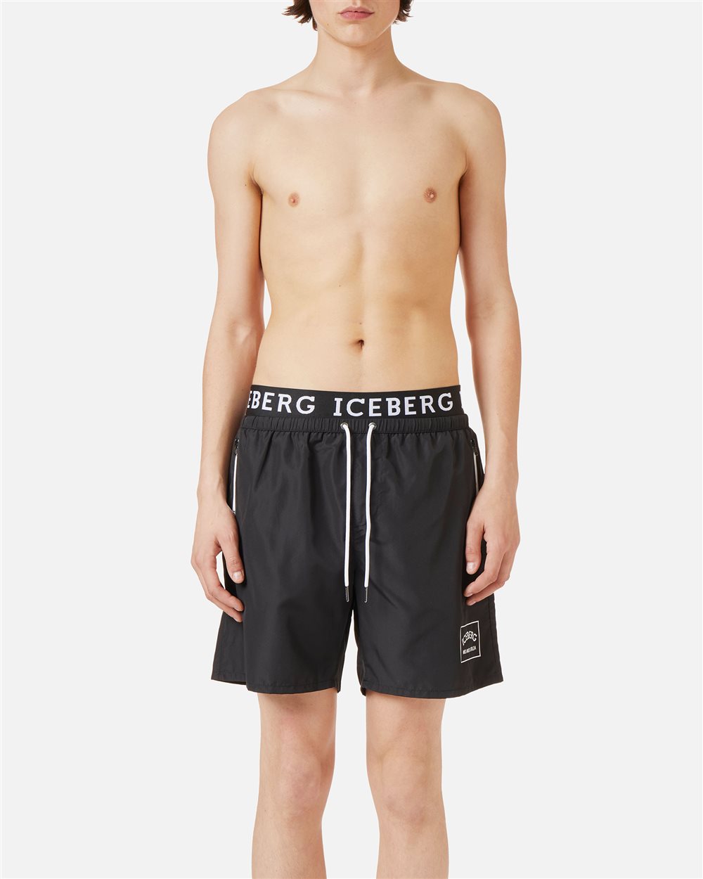 Black swim trunks with Iceberg logo waistband and contrasting color drawstring - per abilitare | Iceberg - Official Website