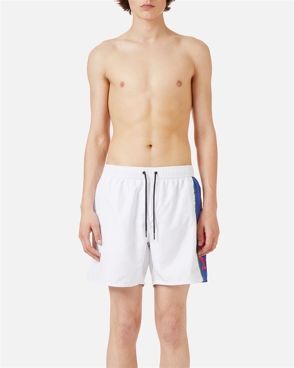 Optical white swim trunks with drawstring and contrasting band on the left side - Uomo | Iceberg - Official Website