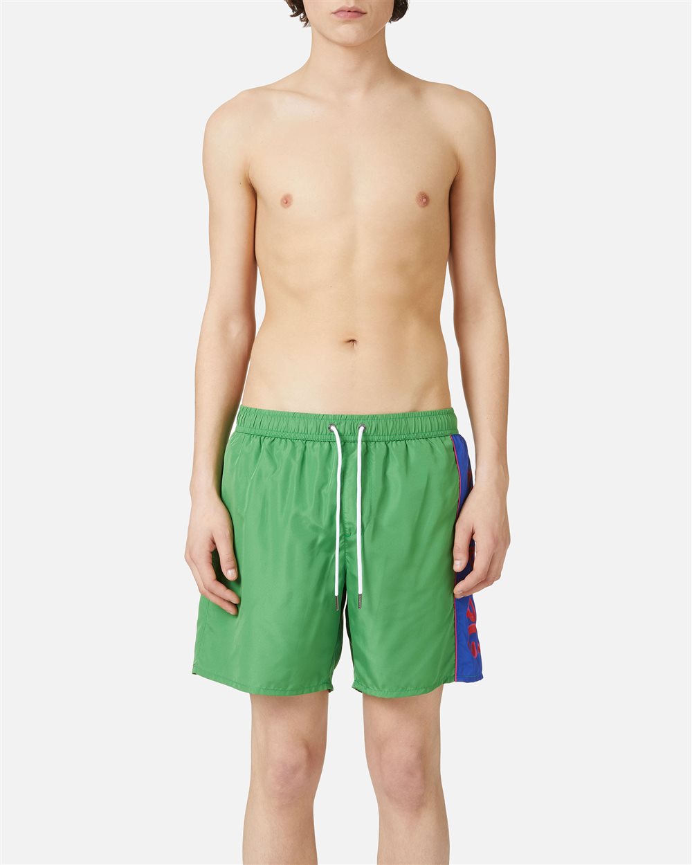 Emerald Green Swim Trunks with Drawstring and Contrasting Band on the Left Side - Uomo | Iceberg - Official Website