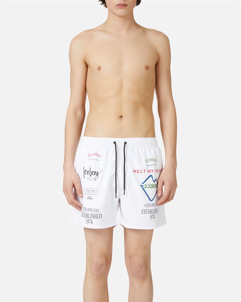 Optical white swim trunks with contrasting prints, writing and drawstring - Uomo | Iceberg - Official Website