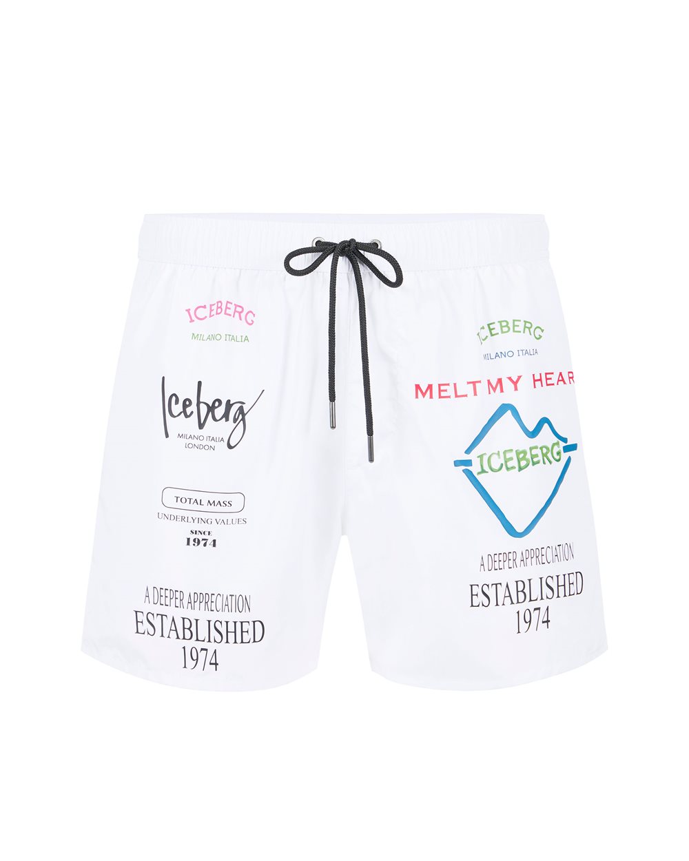 Optical white swim trunks with contrasting prints, writing and drawstring - Uomo | Iceberg - Official Website