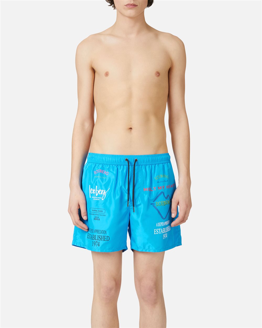 Light turquoise swim trunks with contrasting prints, writing and drawstring - Uomo | Iceberg - Official Website