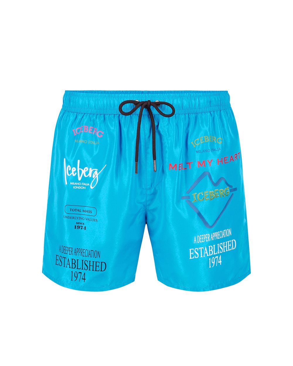 Light turquoise swim trunks with contrasting prints, writing and drawstring - Uomo | Iceberg - Official Website