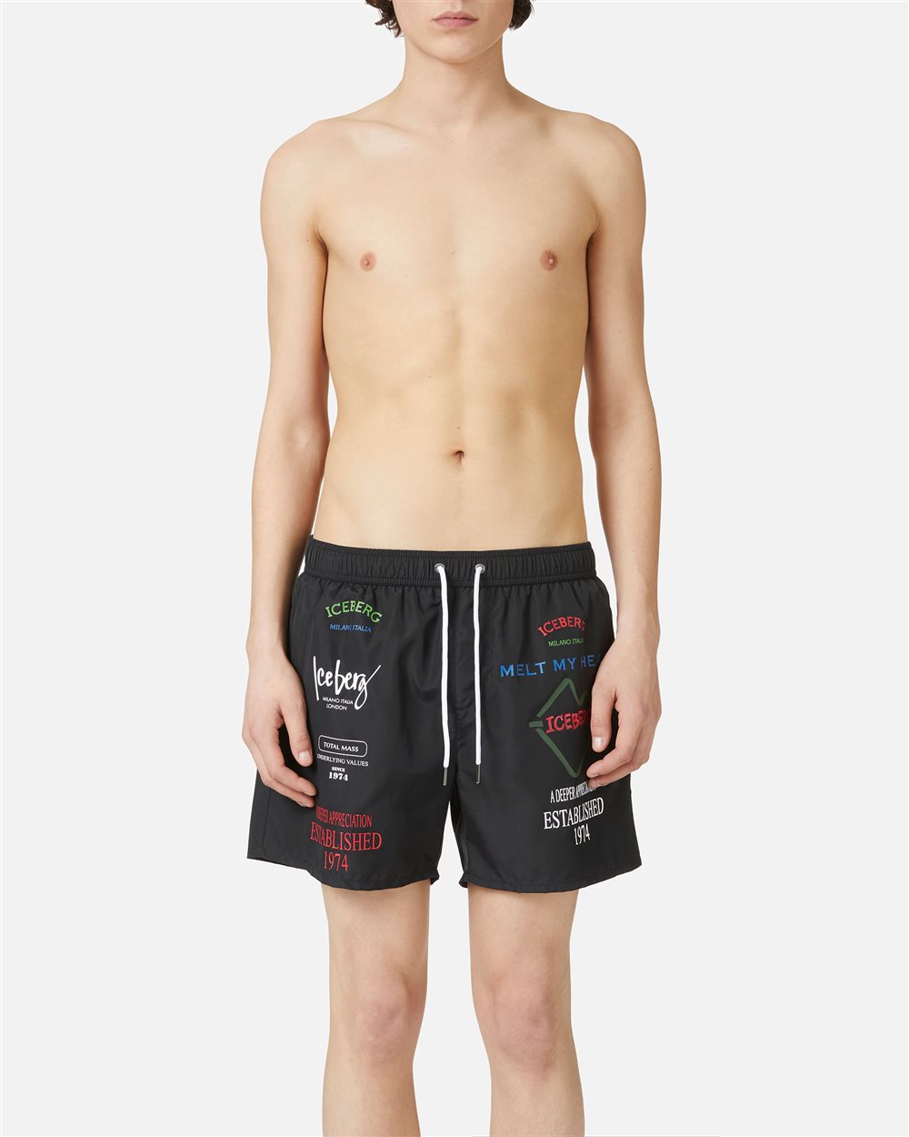 Black swim trunks with contrasting prints, writing and drawstring - Uomo | Iceberg - Official Website