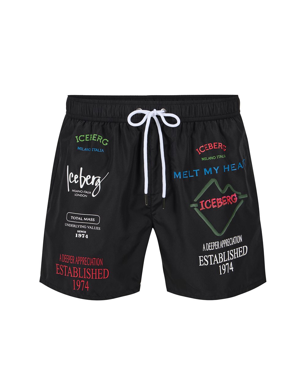 Black swim trunks with contrasting prints, writing and drawstring - Uomo | Iceberg - Official Website