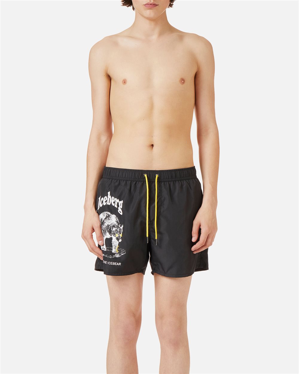 Black swim trunks with tone-on-tone rubber prints and contrasting drawstring - per abilitare | Iceberg - Official Website