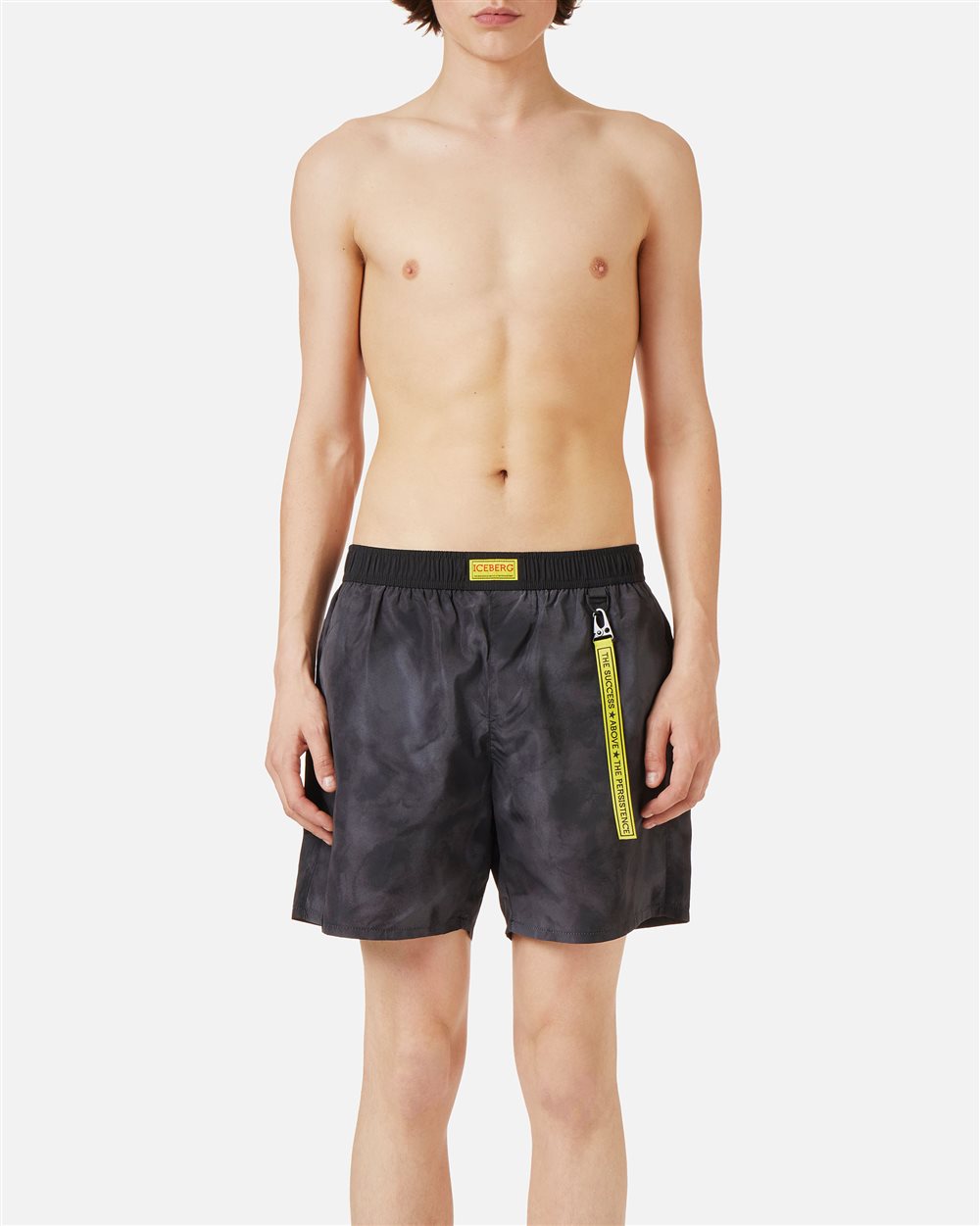 Black swim trunks with elastic and black drawstring and allover tone-on-tone Iceberg logo - Uomo | Iceberg - Official Website