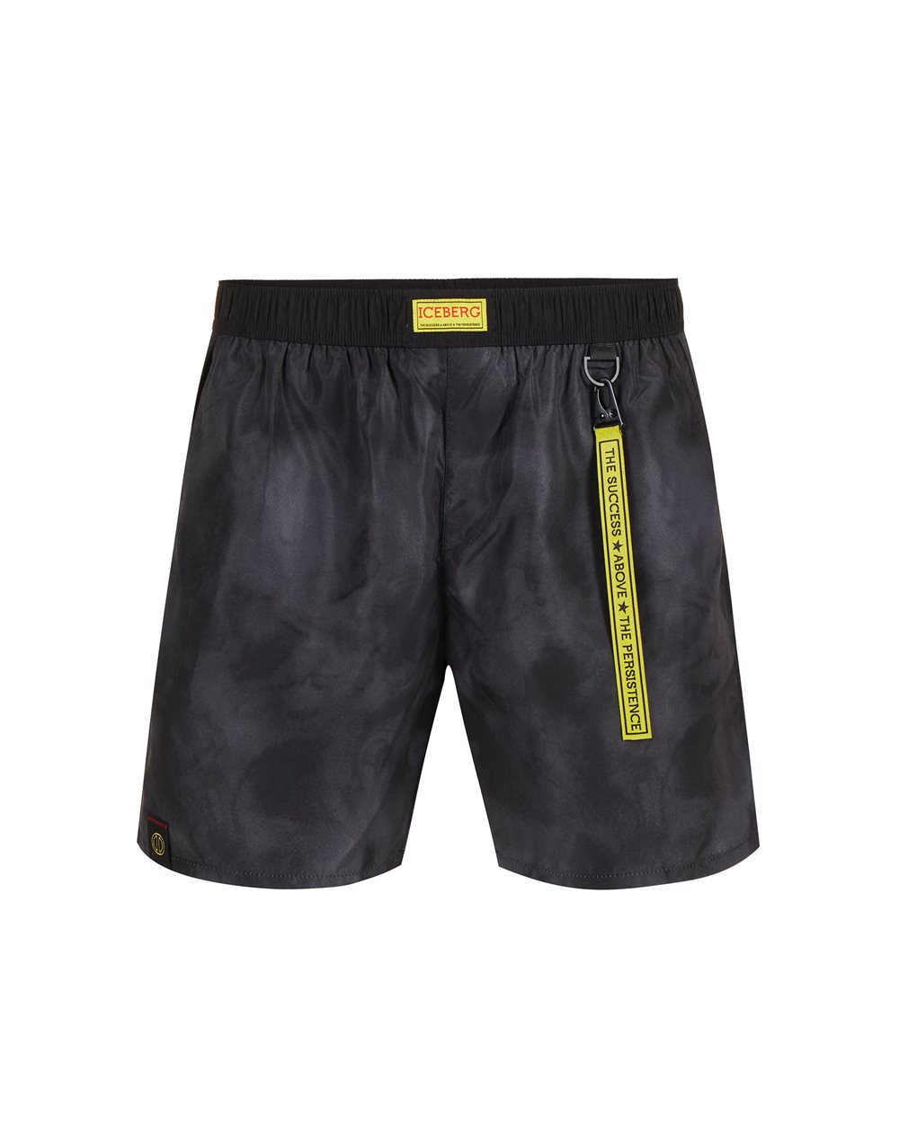 Black swim trunks with elastic and black drawstring and allover tone-on-tone Iceberg logo - Uomo | Iceberg - Official Website