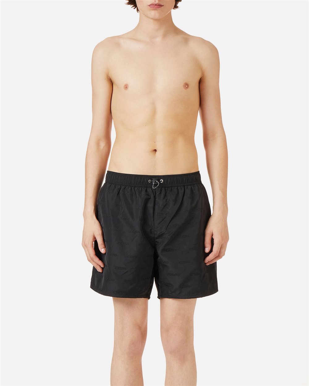 Black swim trunks with elastic and black drawstring and allover tone-on-tone Iceberg logo - Uomo | Iceberg - Official Website