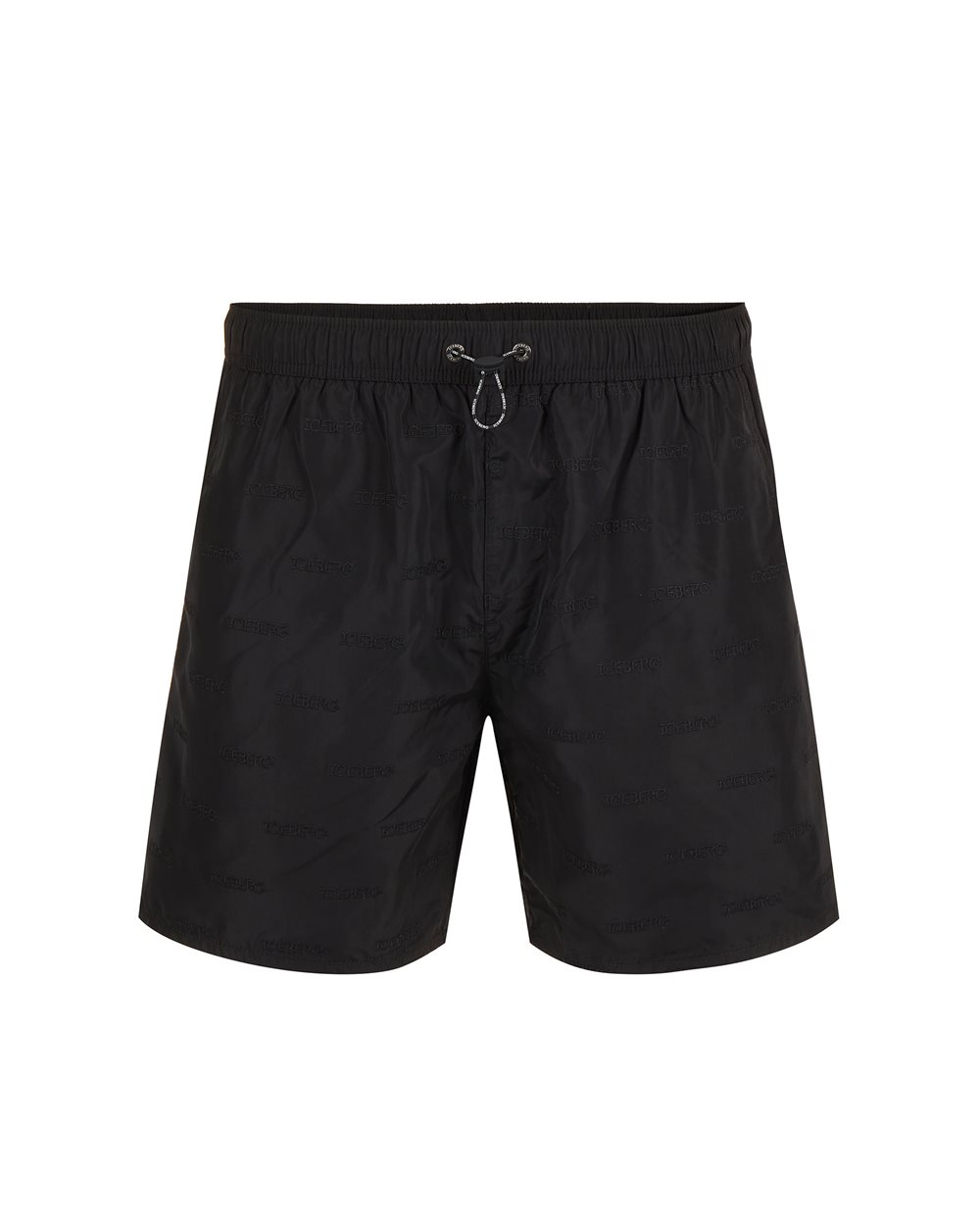 Black swim trunks with elastic and black drawstring and allover tone-on-tone Iceberg logo - Uomo | Iceberg - Official Website