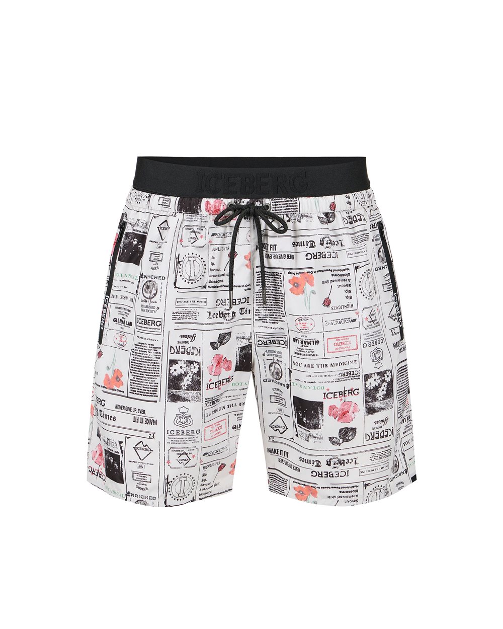 Boxer mare bianco ottico a fantasia newspaper con fascia in vita, coulisse e logo a contrasto - Beachwear | Iceberg - Official Website