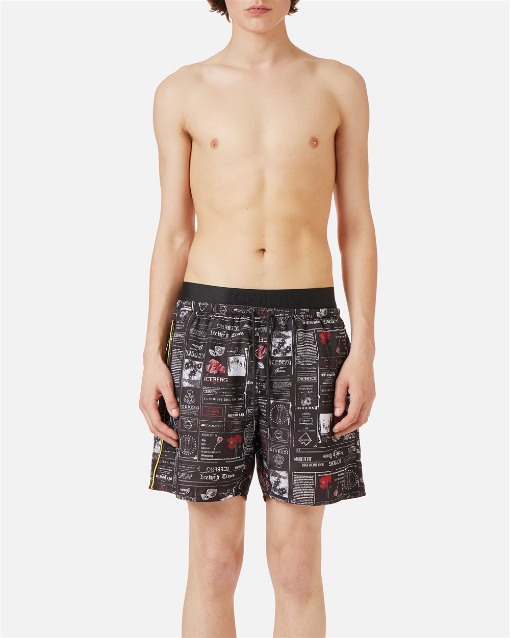 Boxer mare nero a fantasia newspaper con fascia in vita, coulisse e logo a contrasto - Beachwear | Iceberg - Official Website