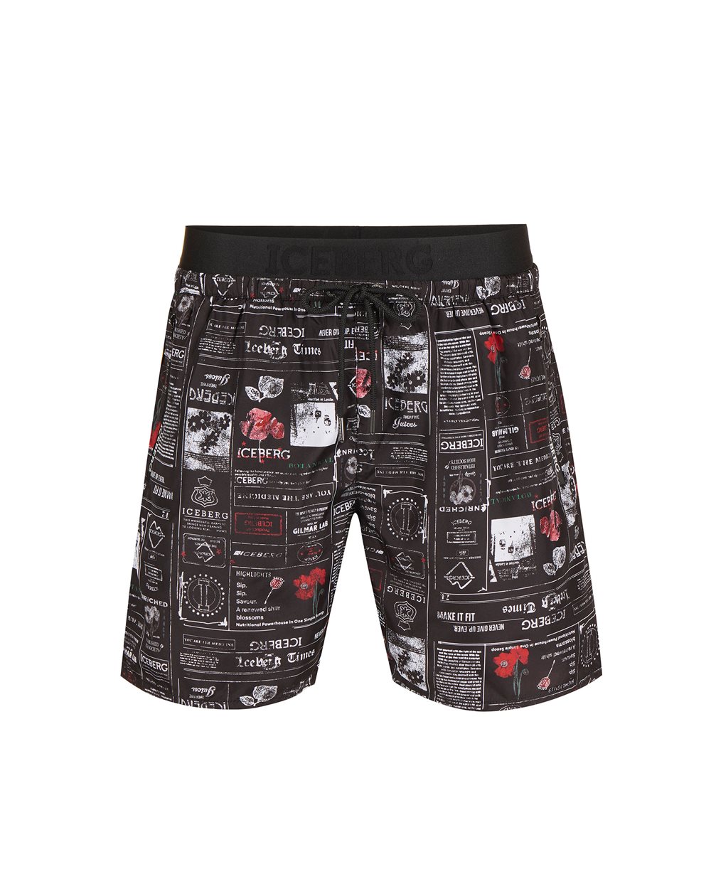 Boxer mare nero a fantasia newspaper con fascia in vita, coulisse e logo a contrasto - Beachwear | Iceberg - Official Website