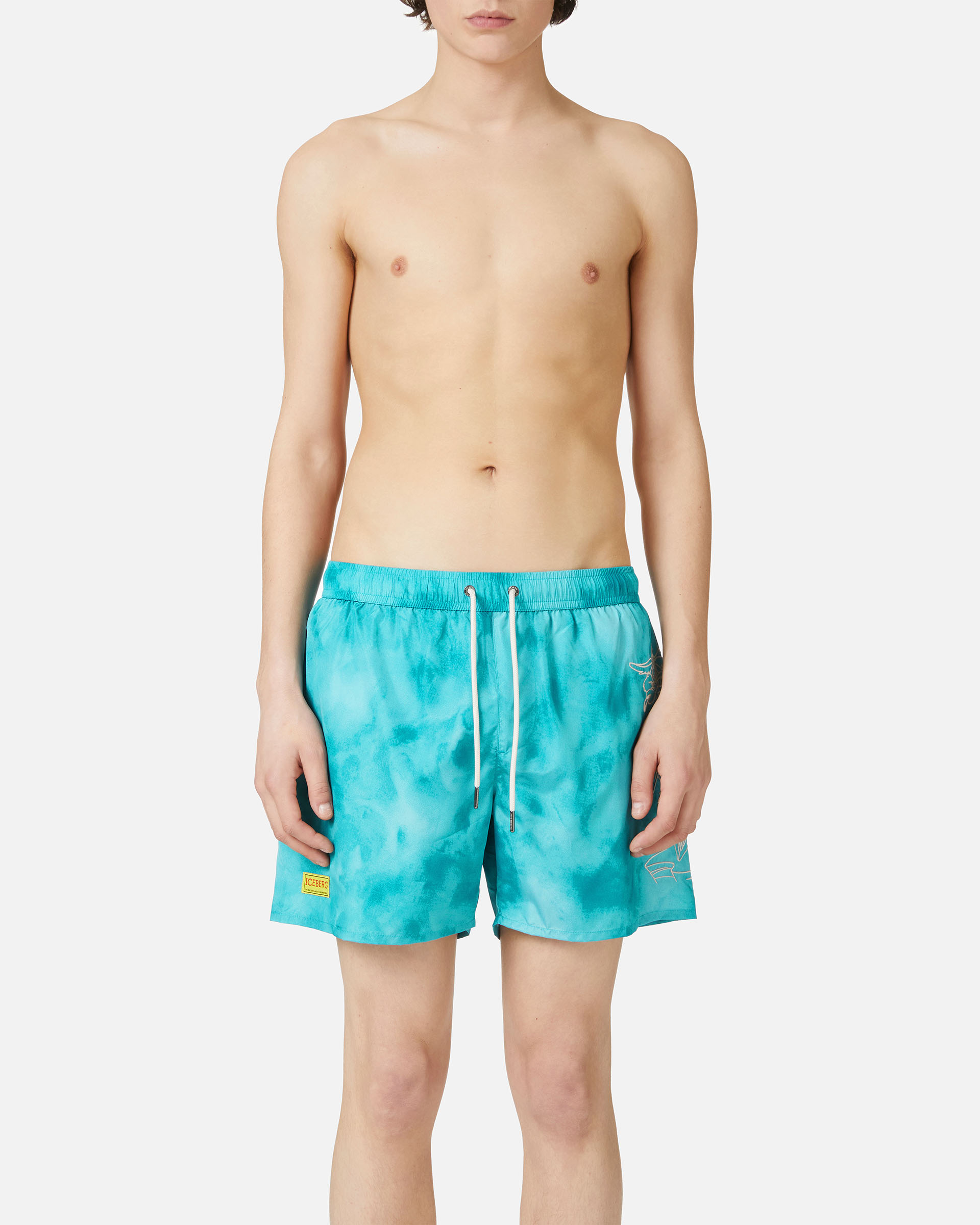 Turquoise pattern swim trunks with contrasting logo - Man | Iceberg - Official Website