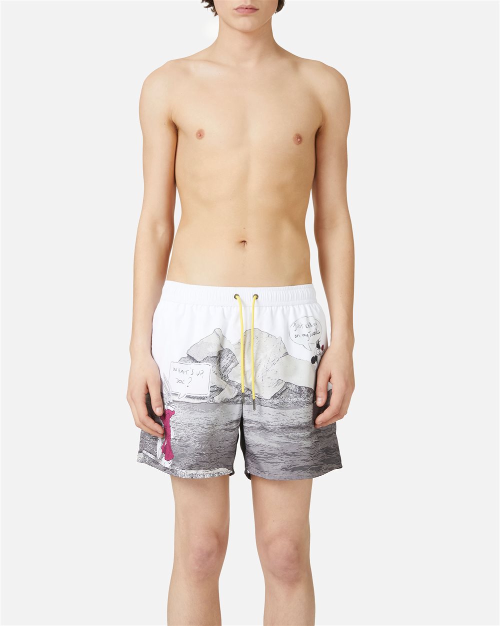 Patterned Swim Shorts with White Background and Yellow Drawstring - Beachwear | Iceberg - Official Website