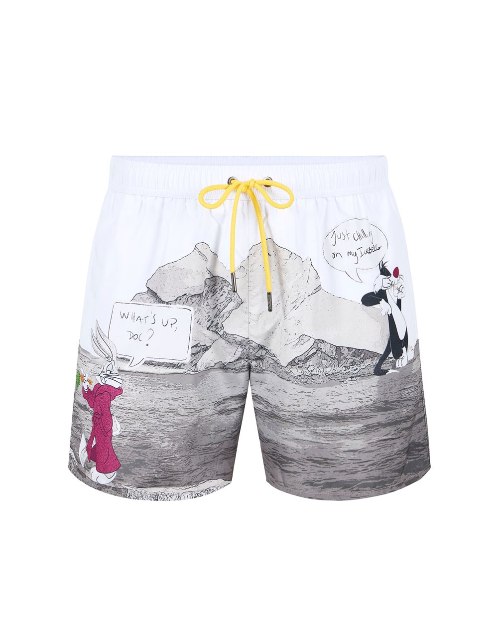 Patterned Swim Shorts with White Background and Yellow Drawstring - Beachwear | Iceberg - Official Website