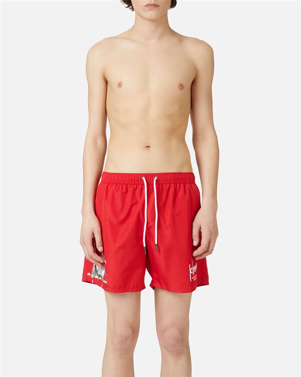 Red swim trunks with drawstring, print and Iceberg logo - Beachwear | Iceberg - Official Website