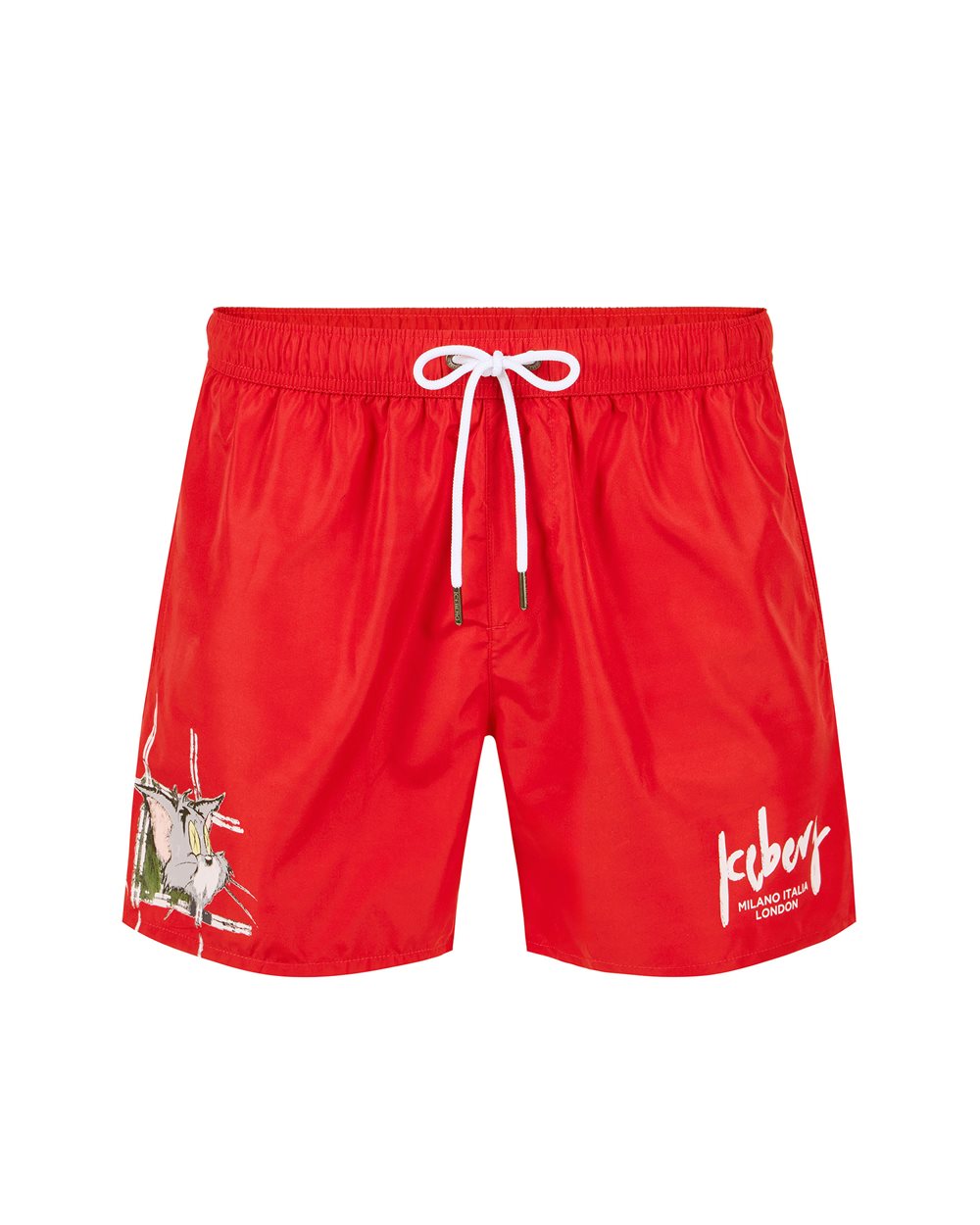Red swim trunks with drawstring, print and Iceberg logo - Beachwear | Iceberg - Official Website