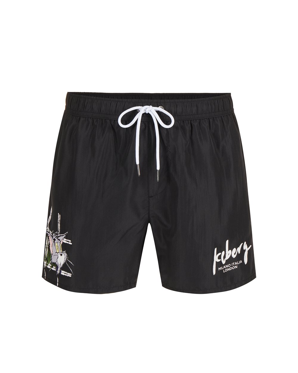 Black swim trunks with Tom print and adjustable drawstring - Man | Iceberg - Official Website