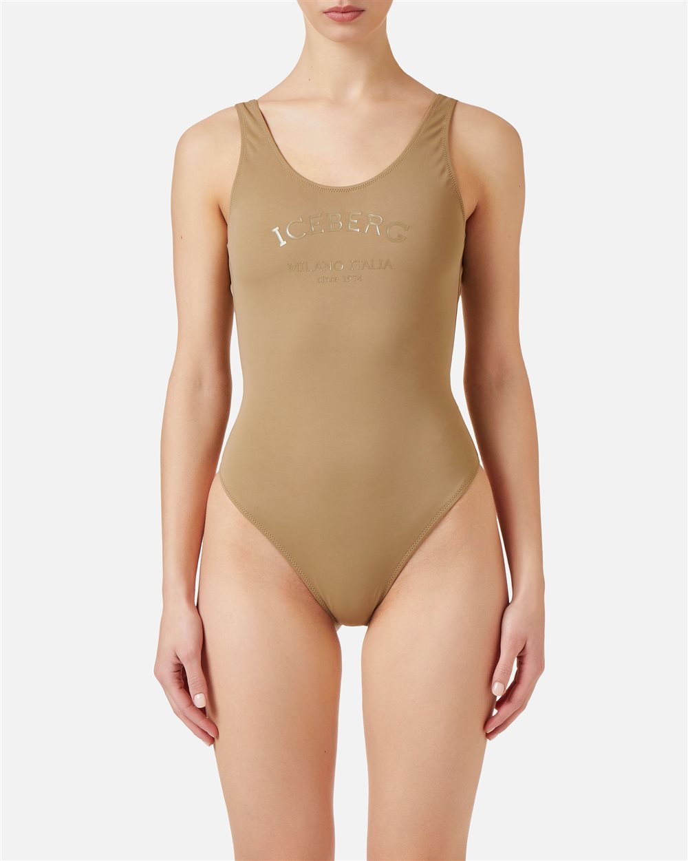 Mud-colored Olympic-style one-piece swimsuit with tone-on-tone Iceberg logo - PER FARE LE REGOLE | Iceberg - Official Website