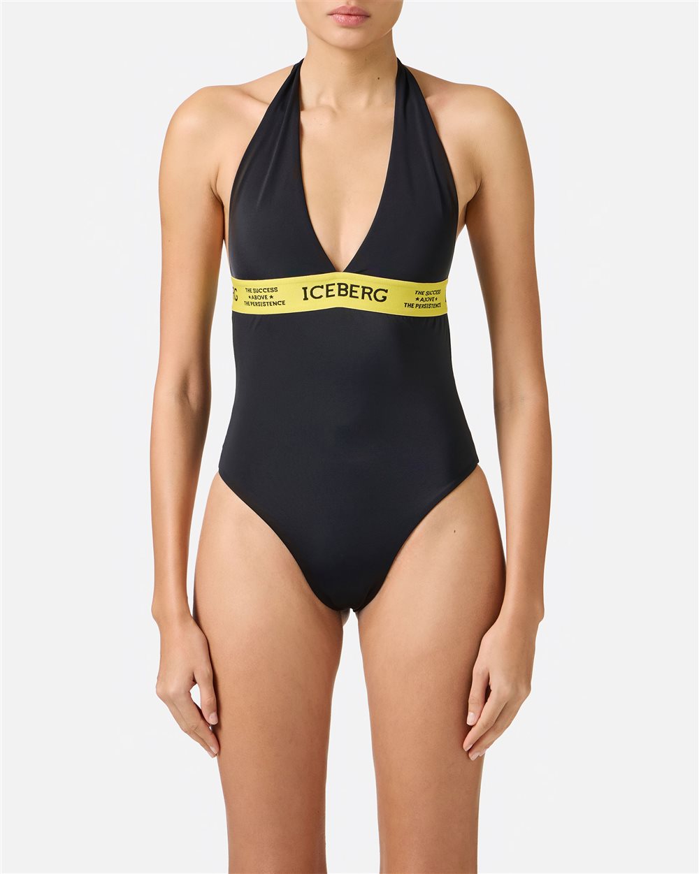 Costume intero nero con banda elastica gialla e logo Iceberg a contrasto - Beachwear | Iceberg - Official Website
