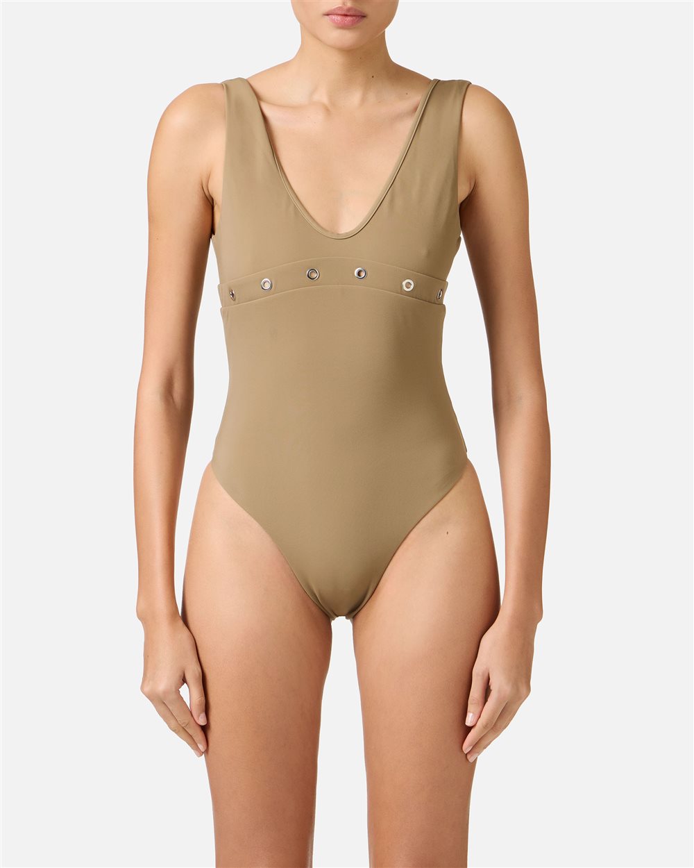 Mud-colored one-piece with metal studs under the bust - per abilitare | Iceberg - Official Website