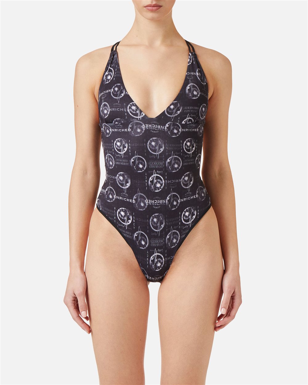 Black one-piece with allover prints and double crossed back straps - PER FARE LE REGOLE | Iceberg - Official Website