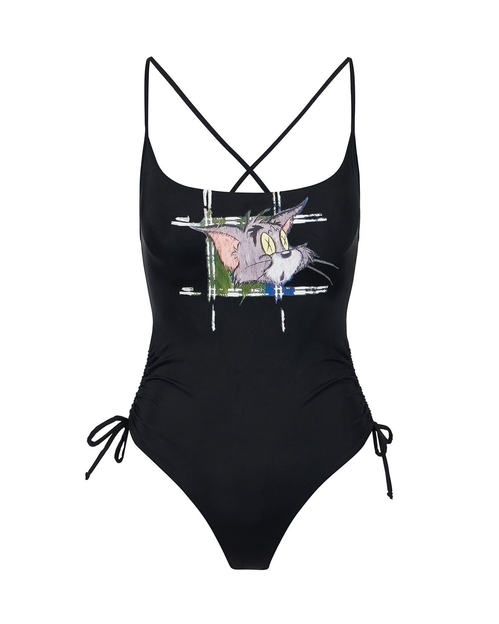 Costume intero nero con stampa di Tom sul petto e laccetti laterali - Beachwear | Iceberg - Official Website
