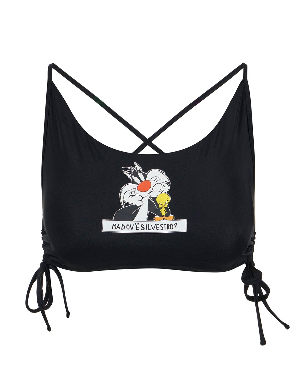 Top nero per costume da bagno a fascia con spalline e stampa Silvestro al centro - Beachwear | Iceberg - Official Website