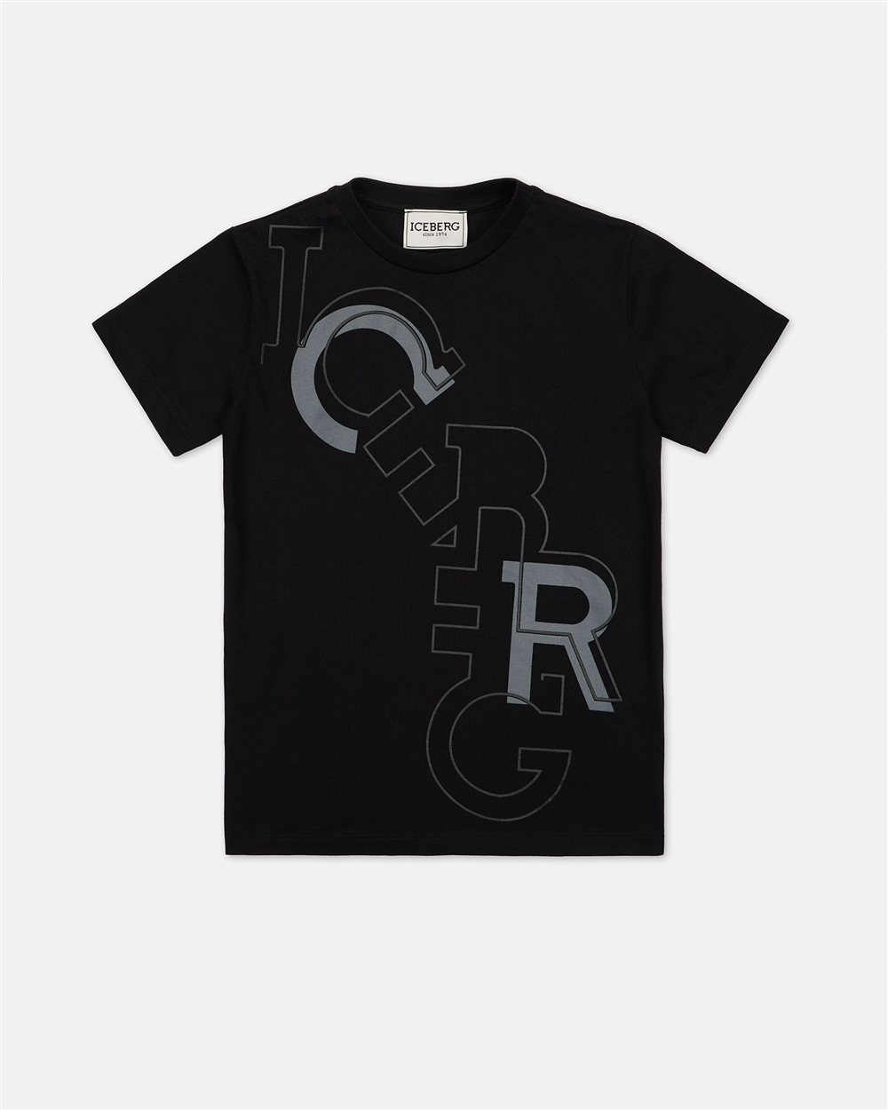 Black Cotton Crewneck T-Shirt with Lettering Print on the Bust - Kids | Iceberg - Official Website