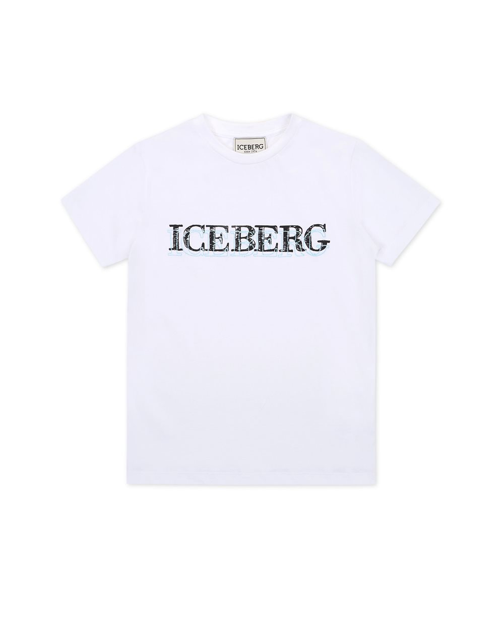 White crew neck cotton T-shirt with Iceberg logo on the front in contrast - Kids | Iceberg - Official Website