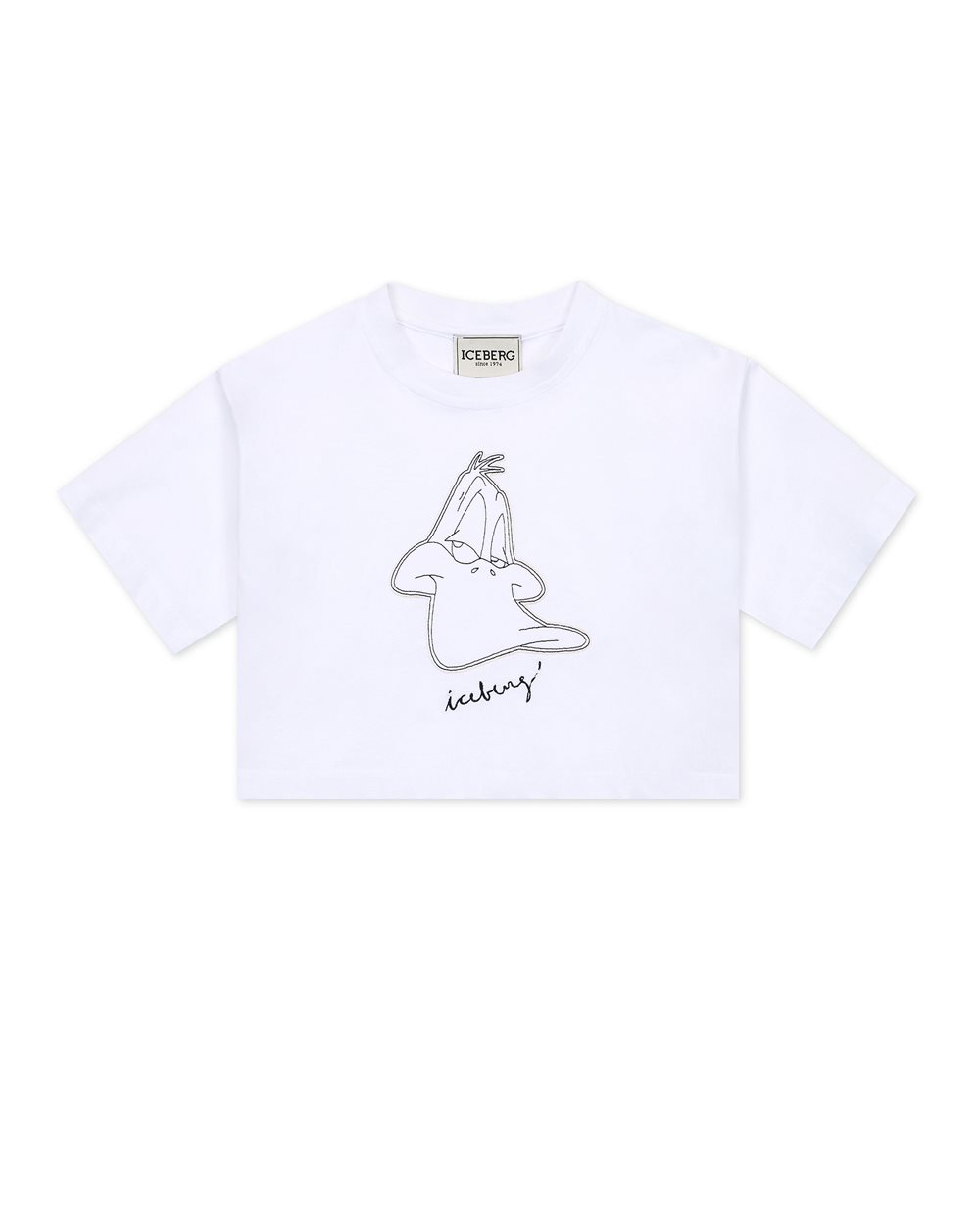 White cropped T-shirt with contrasting black Iceberg design and logo - Kids | Iceberg - Official Website