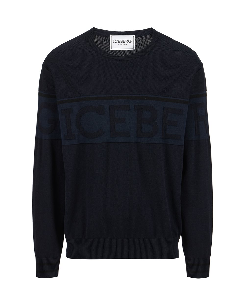 Blue crewneck sweater in Makò cotton with two-tone jacquard work | Iceberg - Official Website