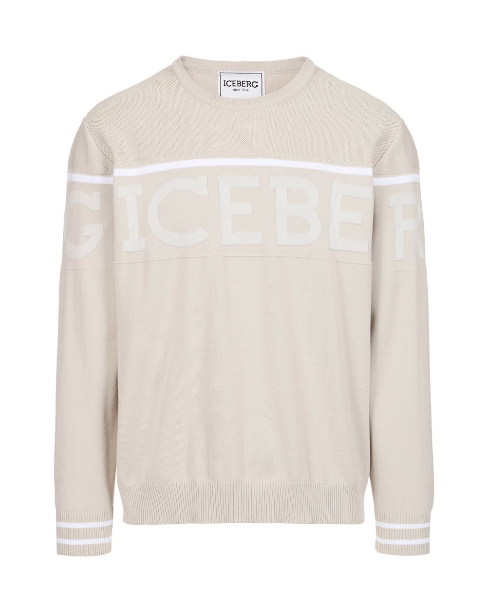 Ice colored rewneck sweater in Makò cotton with two-tone jacquard work - Knitwear | Iceberg - Official Website
