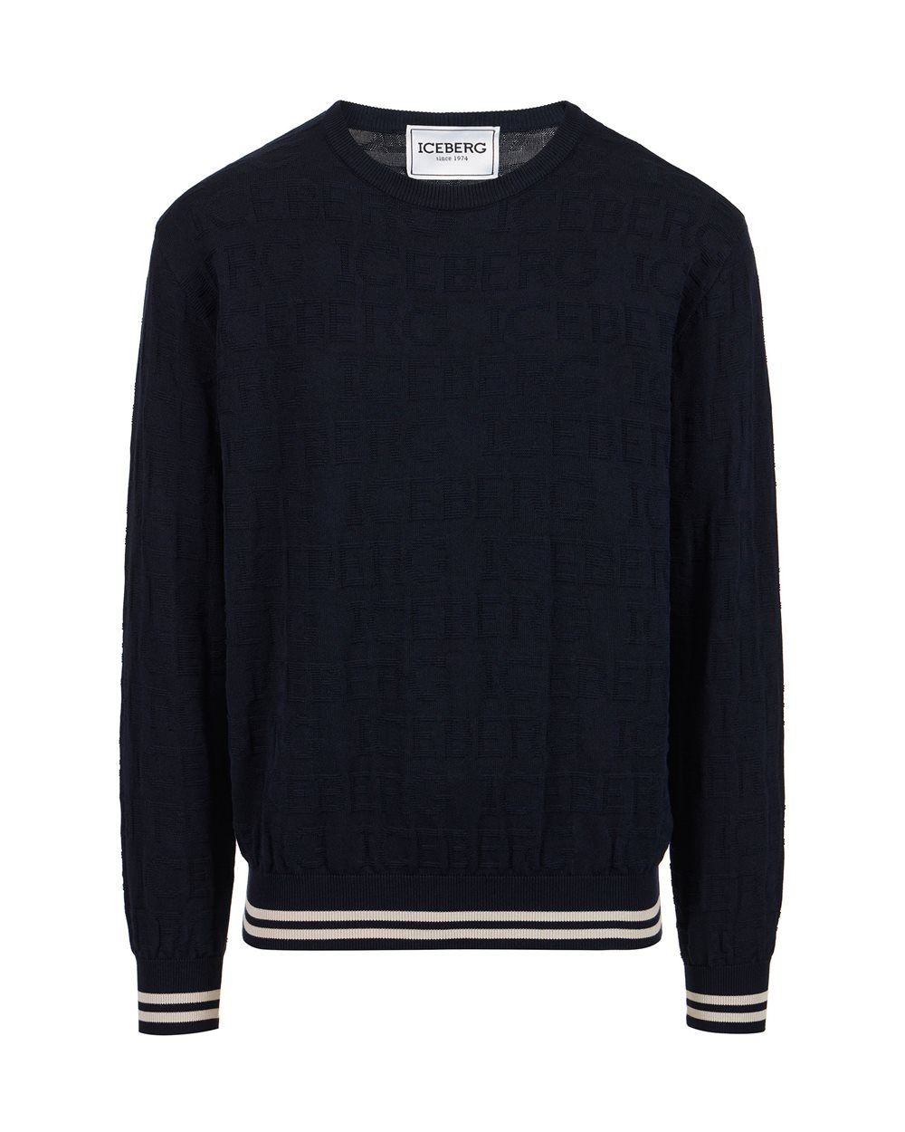 Blue crewneck sweater in 100% Cotton with allover logo | Iceberg - Official Website