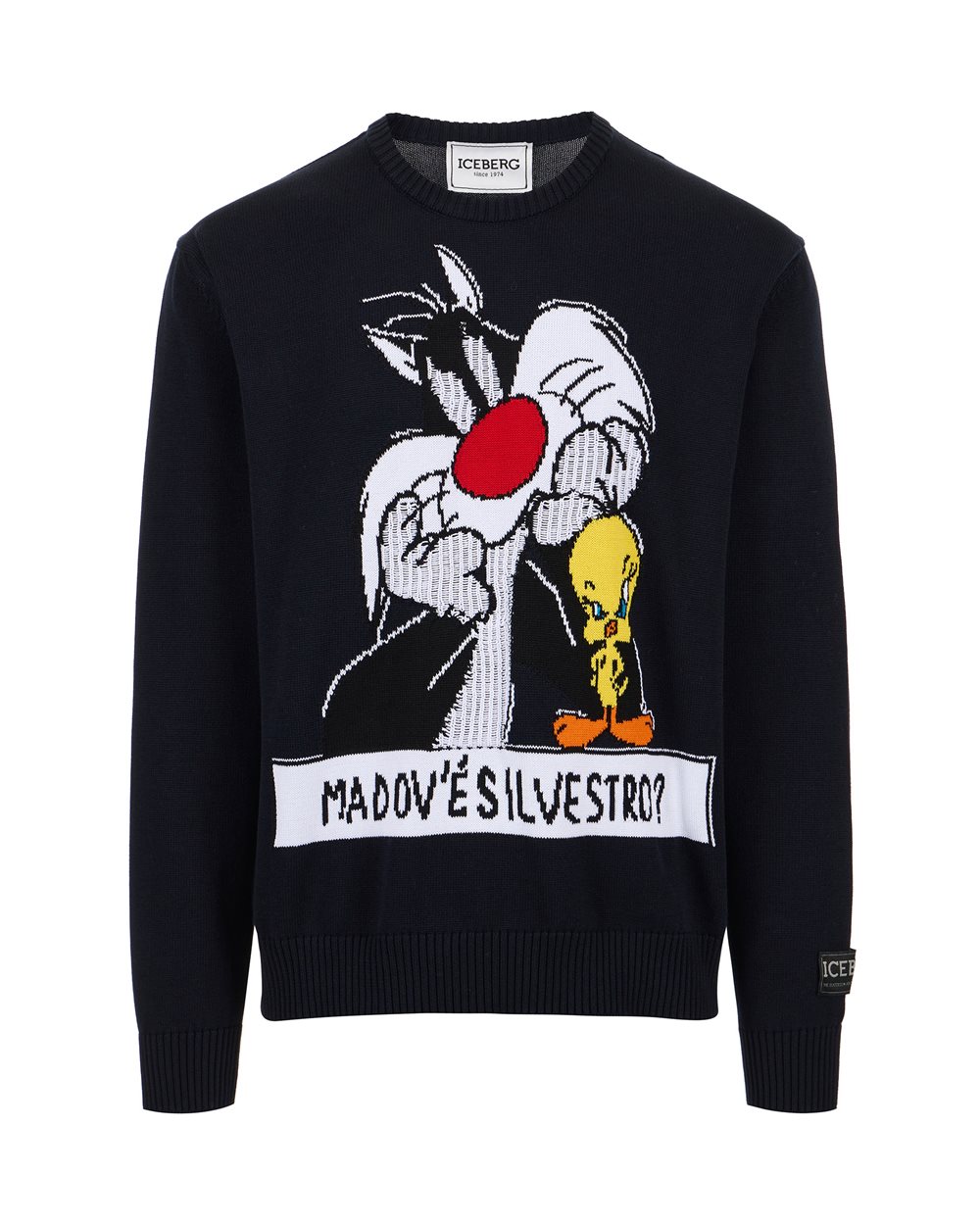 Cotton crewneck sweater with cartoon and jacquard inlays | Iceberg - Official Website