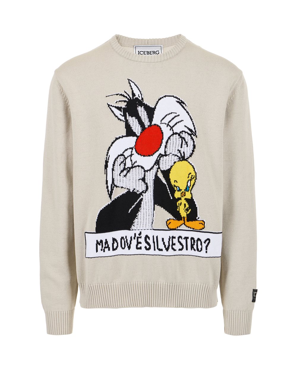 Cotton crewneck ice colored sweater with cartoon and jacquard inlays | Iceberg - Official Website