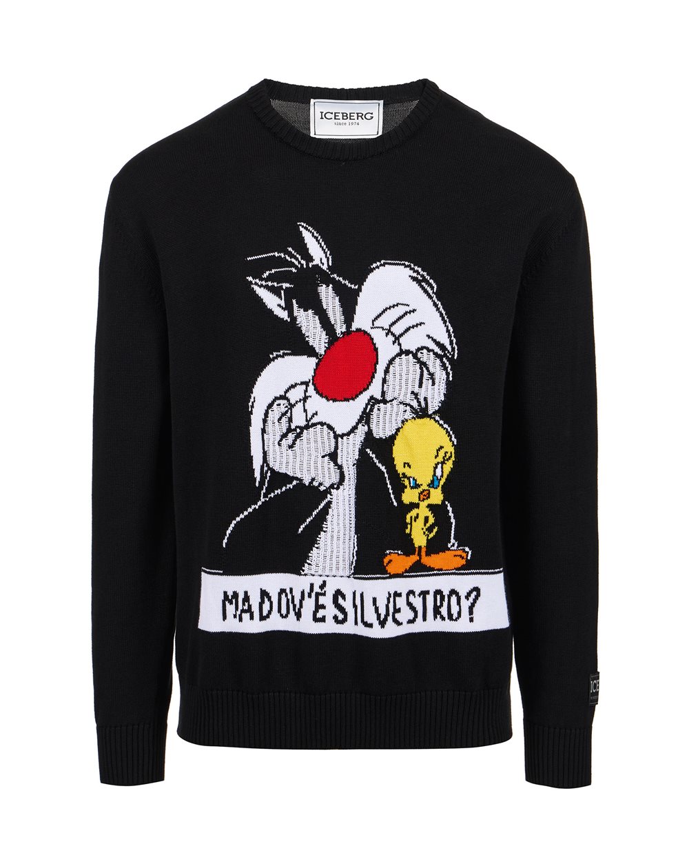 Cotton crewneck black sweater with cartoon and jacquard inlays | Iceberg - Official Website