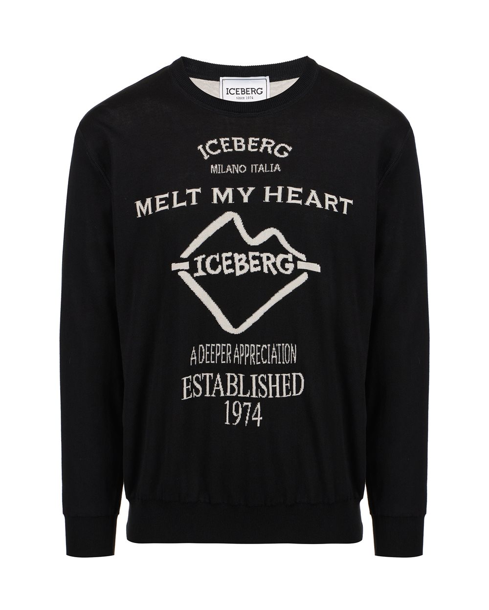 Black crewneck sweater in double jacquard cotton with graphics - Knitwear | Iceberg - Official Website