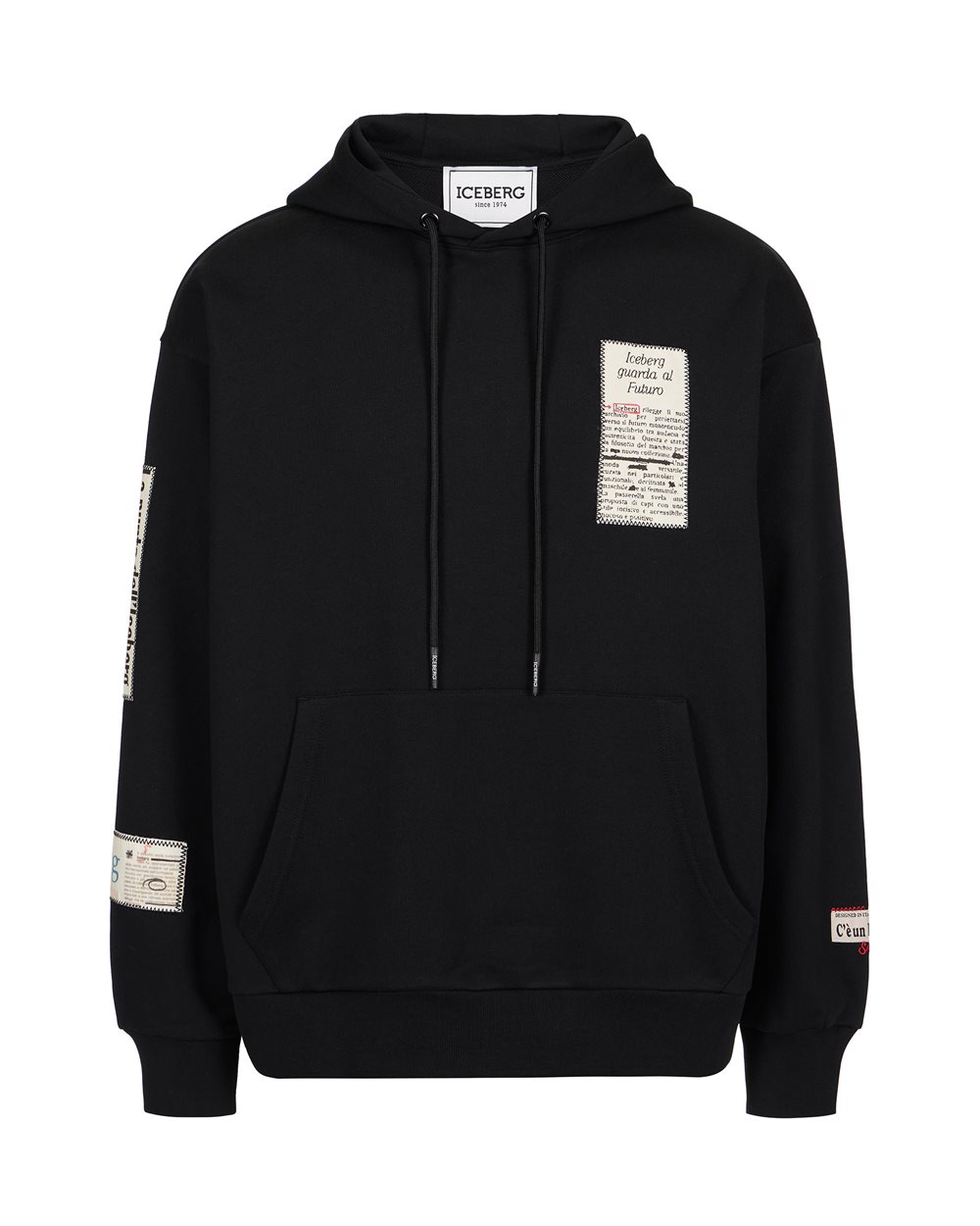 Black relaxed fit cotton hoodie with newspaper print - Private Sale Man | Iceberg - Official Website